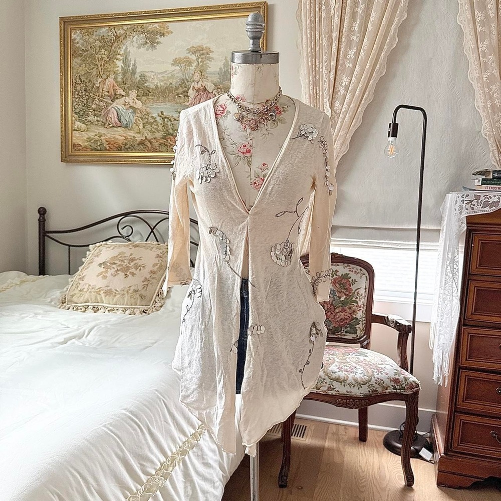 Y2K Knitter and Knotted size medium‎ cream open front longline cardigan